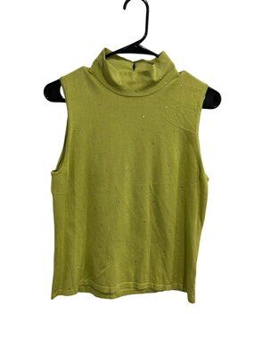 Yali Green Silk Blend Sleeveless Mockneck Rhinestone Tank Top Chic Glam